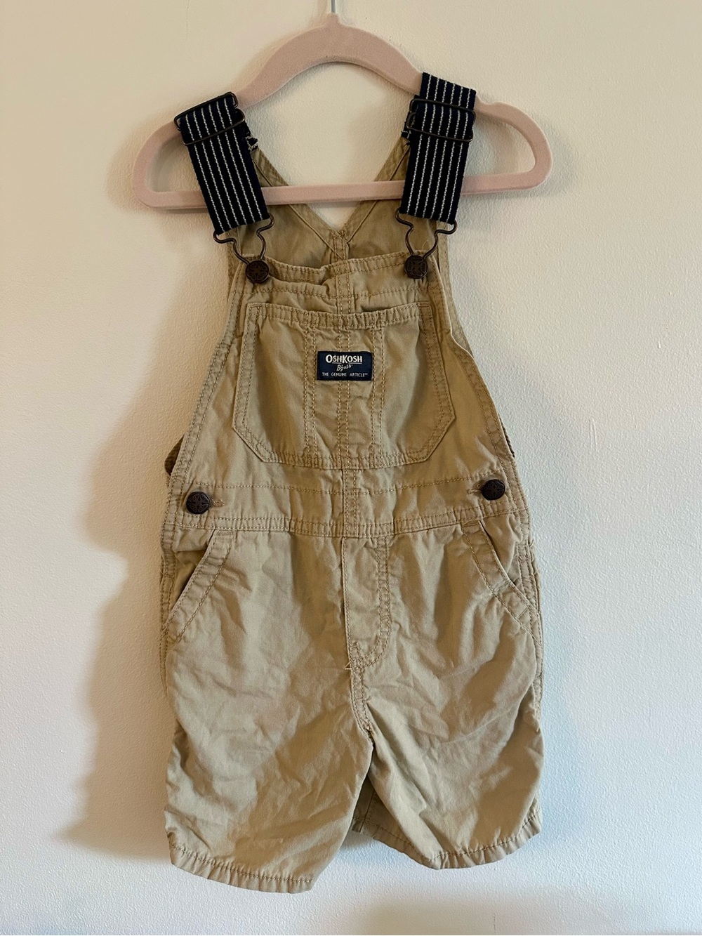 OshKosh B'gosh Tan Short Overalls with Black Striped Straps